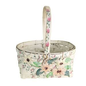 Vintage Hand Painted Folk Art White Gathering Basket, Applique Flowers Easter